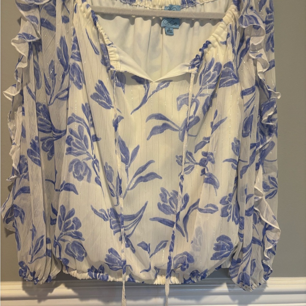 Women's CeCe Sheer Top with Blue Floral Design Size Medium NWOT